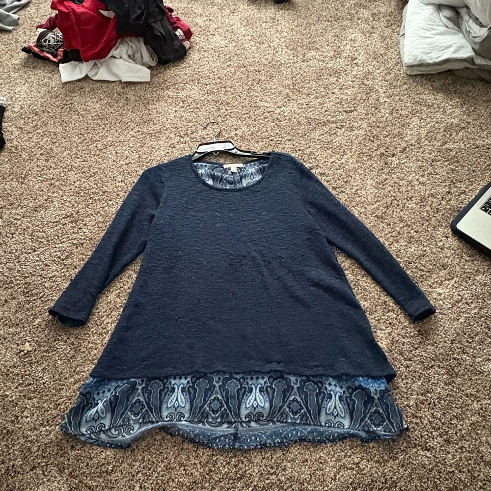 Navy Blue Long Sleeve Tunic with Patterned Hem